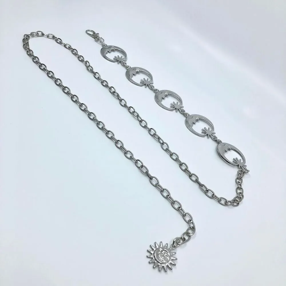 Vintage Y2K Celestial Silver Moon Star Chain Belt, Fits 12–41 Inches, X7GA1234